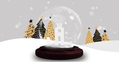 Glass snow globe containing miniature steeple and picket fence on dark wooden base