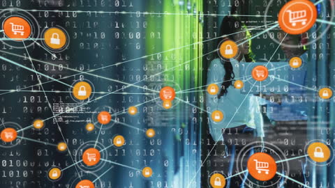 Collage of Binary Network with IT Professionals in Server Room