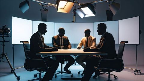 Business meeting in studio environment with digital screens, talking heads format