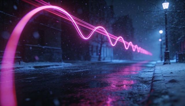 Snaking neon pink ribbon hovering over snowy street at night casting magenta reflections