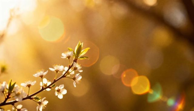 Sunlit spring blossom branch with white flowers, golden bokeh and soft copy space