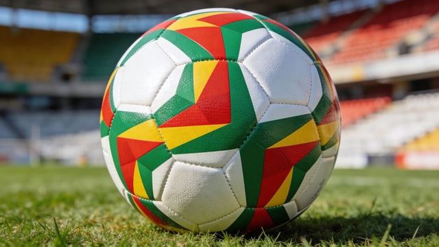 Multicolor geometric soccer ball on stadium grass closeup with red green yellow pattern