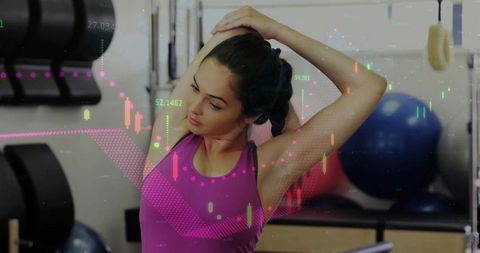Woman Stretching in Gym with Stock Chart Overlay Symbolizing Fitness Growth