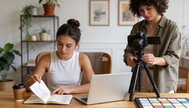 Creative team adjusting dslr and reviewing notes in modern home studio