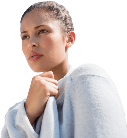 Transparent background reflective young woman in soft knitwear