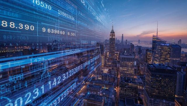 Digital data interface with nyc financial skyline at dusk