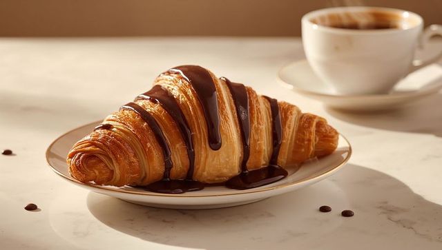 Chocolate-drizzled flaky croissant on gold-rim plate with coffee cup on marble with ganache