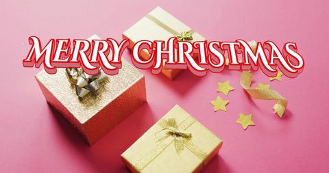 Festive Christmas Gifts with Merry Christmas Text on Red Background