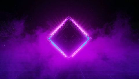 Glowing neon diamond hovering above reflective grid in retro synthwave purple fog