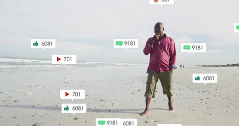 Walking barefoot on beach using smartphone with floating social media notifications and copy space