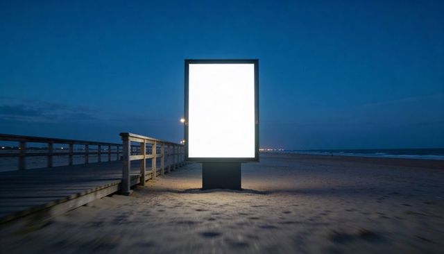 Glowing Beachside Display Casting Light on Sandy Shore and Boardwalk at Night