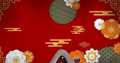 Festive red winter scene with flowers and fairy lights