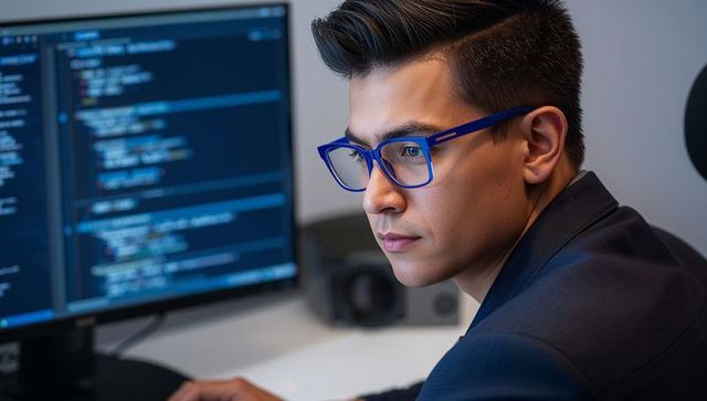 Focused developer programming on dual monitors in modern workspace