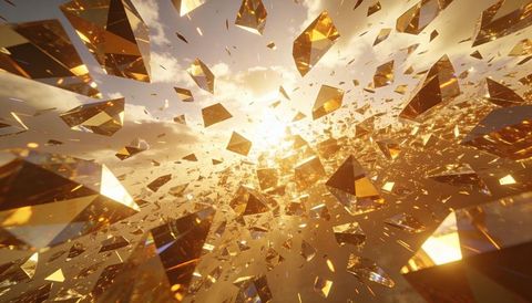 Radiant golden crystal shards exploding outward with sunlit reflections and lens flares