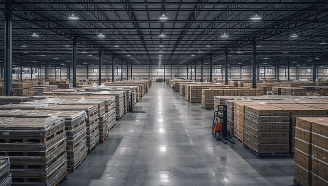 Expansive distribution warehouse showing palletized inventory and forklift on central aisle