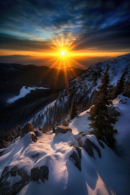 Sunset bathes a snowy mountain landscape in warm light. Capturing the serene beauty of nature, the image showcases the contrast between snow and sunset.