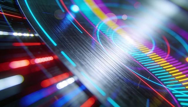 Grooved metal disc reflecting neon equalizer bars with colorful bokeh and light trails