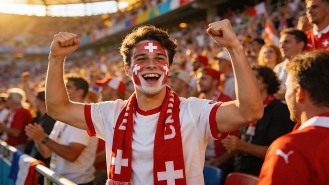 Swiss football fan celebrating with face paint and red-and-white scarf in sunny stadium crowd