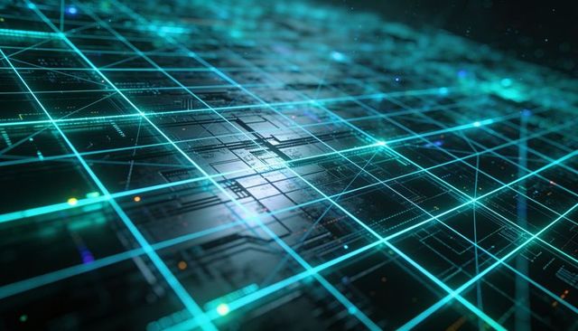 Futuristic neon circuit grid with glowing cyan nodes on dark metal tech surface