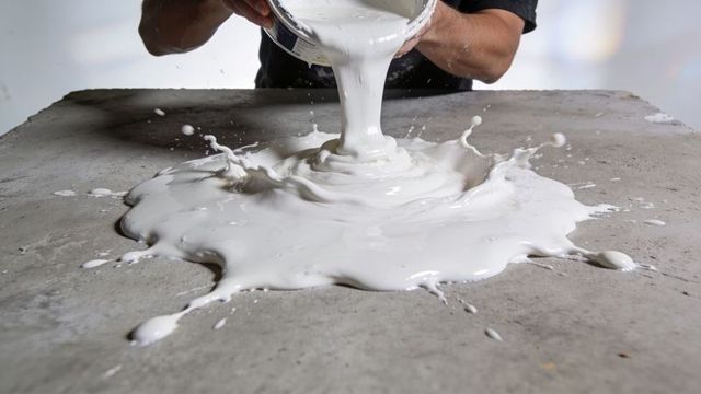 Pouring white paint splashing on concrete slab with hands and glossy viscous texture