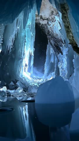 Pulling Back Through Crystal Ice Cave Revealing Reflective Frozen Pool Vertical Video
