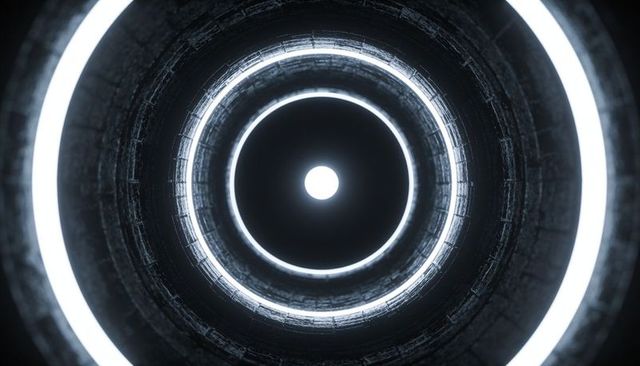 Futuristic concentric led tunnel revealing radial brick rings and central beacon