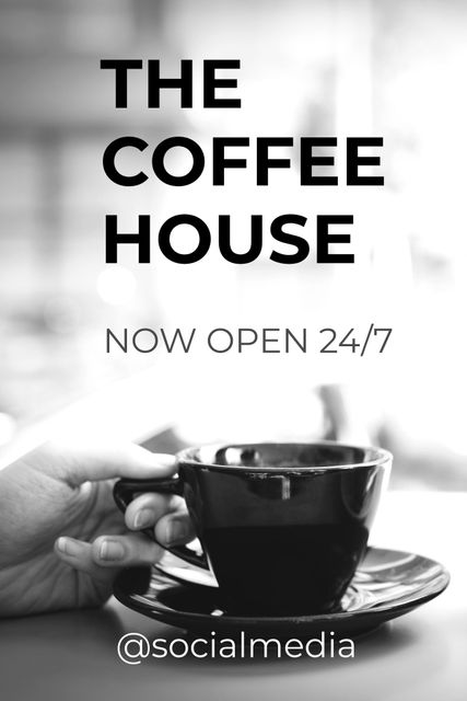 Black and white design with headline 'The Coffee House Now Open 24/7', features a hand holding a coffee cup and social media handle. Ideal for promoting café and coffee shop offers on social media platforms.
