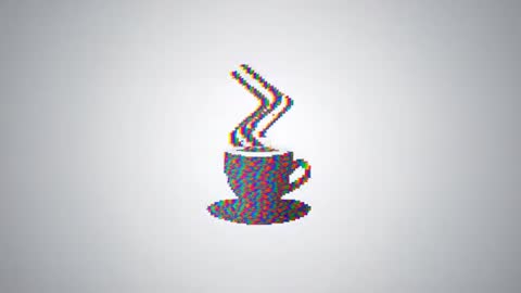 Glitching Coffee Cup Icon With RGB Chromatic Shift Loop, Pixel Noise Minimal Background