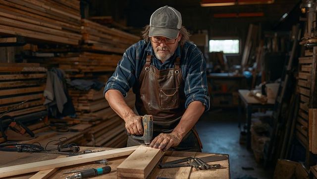 Skilled carpenter drilling wood plank in rustic woodshop wearing apron and cap using cordless drill