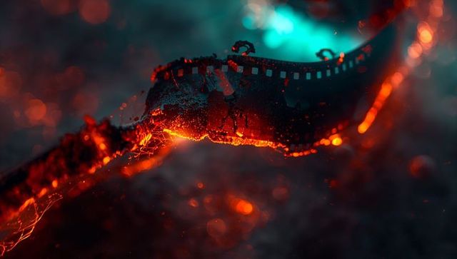 Blazing motion: charred film strip amid ember sparks