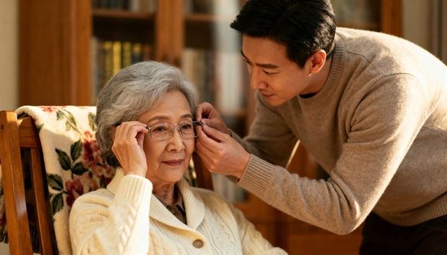 Adult son adjusting glasses on senior woman, tender caregiving moment in cozy home