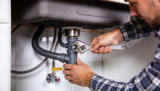 Plumber tightening kitchen sink p-trap with adjustable wrench performing water leak repair