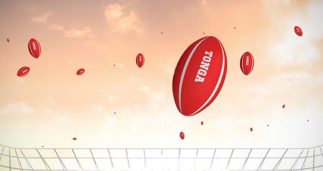 Red Rugby Balls Flying in Stadium with Tonga Text - Download Free Stock Images Pikwizard.com