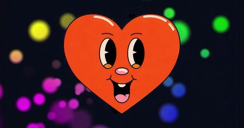 Smiling red heart character floating against colorful bokeh lights cute cartoon whimsical