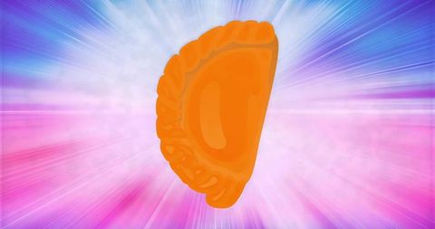 Vibrant orange pastry icon with crimped edge on pink blue radial gradient burst