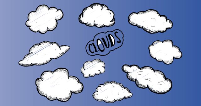 Hand-drawn cloud doodles on a blue gradient background. Perfect for artistic projects, website backgrounds, and posters. Useful for educational materials on weather and nature. Ideal for children's books, stationery, and graphic designs.