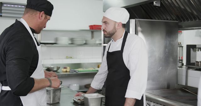 Chefs standing in a commercial kitchen chatting about recipe preparation. They are both wearing traditional chef uniforms including jackets and hats. The kitchen is equipped with essential stainless steel kitchen equipment and shelves organized with plates. Suitable for use in articles about teamwork in professional kitchens, culinary training, or restaurant management.