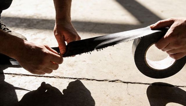 Two workers tearing wide black cloth-backed tape for floor seam repair in sunlit workshop