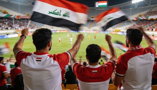 Iraqi soccer supporters waving flags and cheering in stadium night crowd
