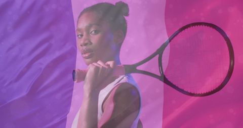 Confident African American Female Tennis Player with French Flag Overlay