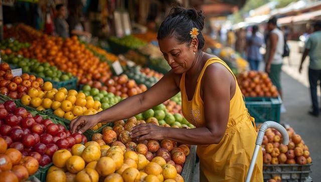 Woman in yellow dress selecting fresh fruit at sunlit outdoor market stall with cane