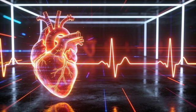 Floating holographic anatomical heart pulsing with neon ecg in futuristic medical visualization