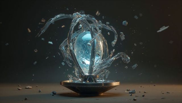 Glowing orb hovering inside metallic cage releasing twisting glass shards, luminous core