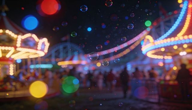 Floating soap bubbles drifting over neon carnival lights with blurred carousel canopy