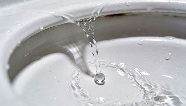 Single water droplet hanging from thin stream creating ripples in white sink