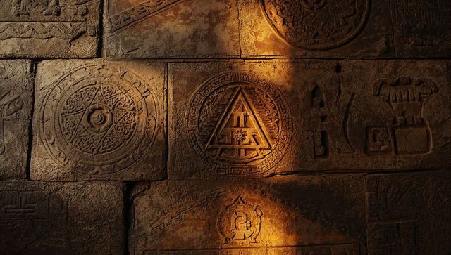 Sunlit ancient temple wall featuring circular medallion with inscribed triangle relief