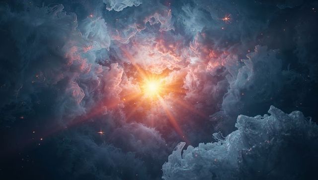 Radiant Stellar Burst Nebula with Orange Core, Filamentary Gas and Flare in Deep Space