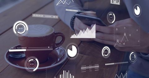 Man tapping smartphone over cafe table with latte and augmented reality data dashboards