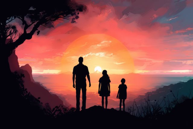 Silhouette of couple with daughter at sunset, created using generative ai technology. Sunset family silhouette and nature concept digitally generated image.