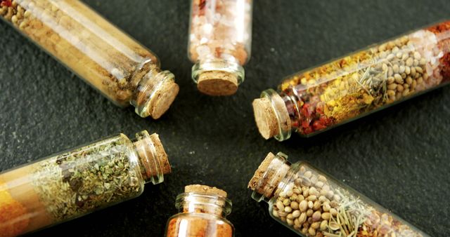 Glass vials filled with various spices and seeds are scattered on a dark surface, showcasing a range of colors and textures. These vials represent a collection of culinary ingredients essential for flavoring and seasoning in cooking.